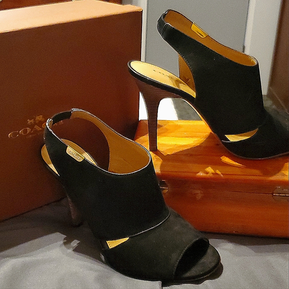 In the box Black Coach Sling aback Heels size 8.5